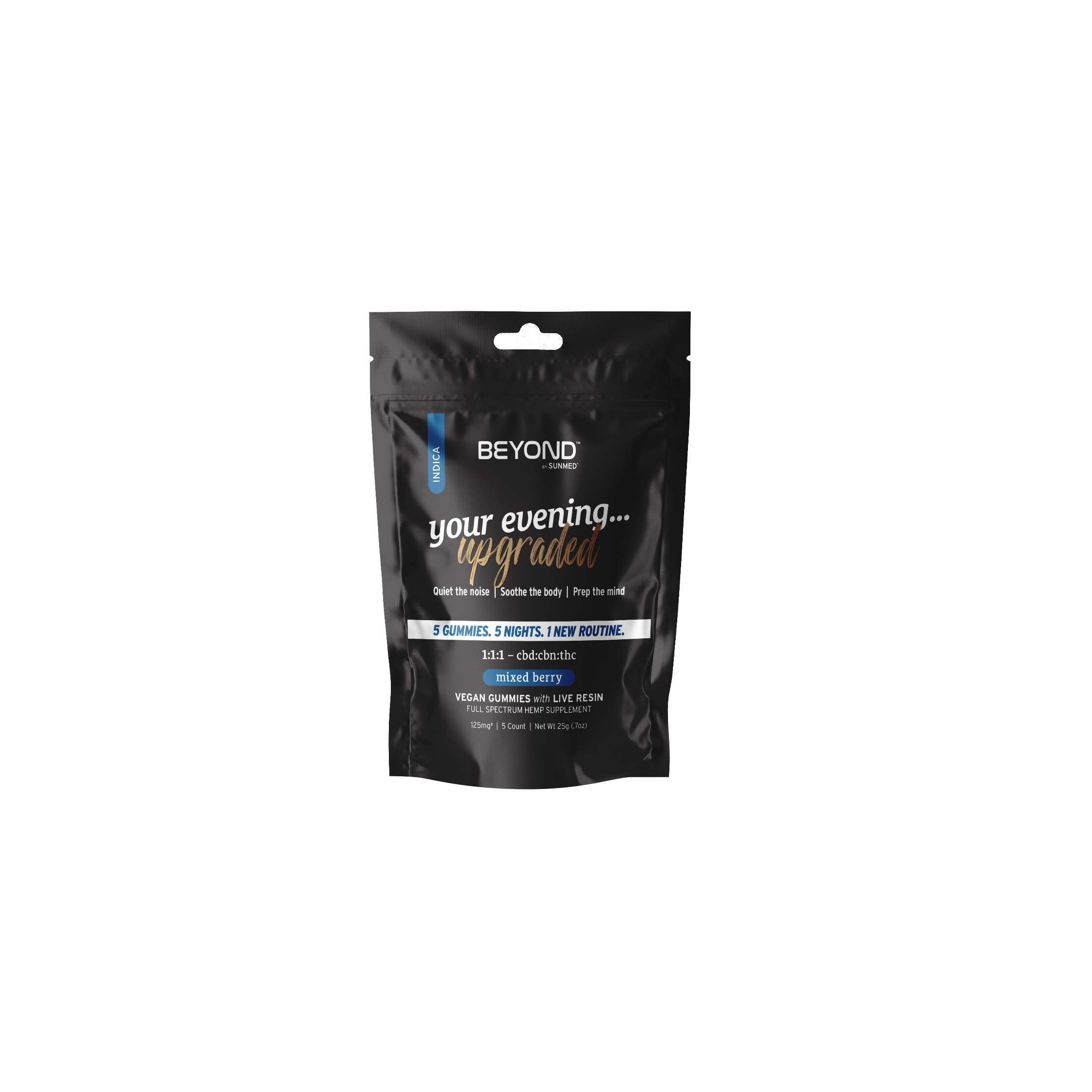 A black pouch labeled "your evening... upgraded" contains Beyond Indica 1:1:1 CBN Gummies Starter Pack by Sunmed CBD, vegan gummies designed for sleep.