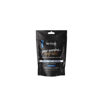 A black pouch labeled "your evening... upgraded" contains Beyond Indica 1:1:1 CBN Gummies Starter Pack by Sunmed CBD, vegan gummies designed for sleep.
