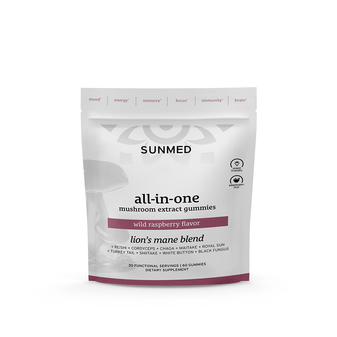 A white pouch of Sunmed CBD All-in-One Mushroom Gummies in wild raspberry flavor, featuring a lion’s mane blend for a daily multivitamin mushroom boost.