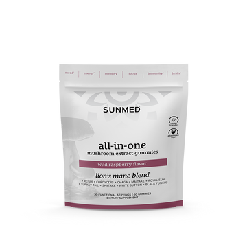 A white pouch of Sunmed CBD All-in-One Mushroom Gummies in wild raspberry flavor, featuring a lion’s mane blend for a daily multivitamin mushroom boost.