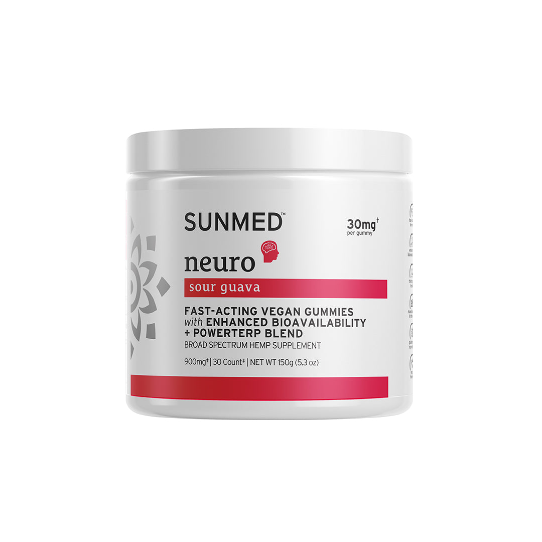 Sunmed CBD Broad Spectrum Neuro Water Soluble CBD Gummies—30mg each, 30 count (900mg total)—fast-acting, vegan gummies for quick results.