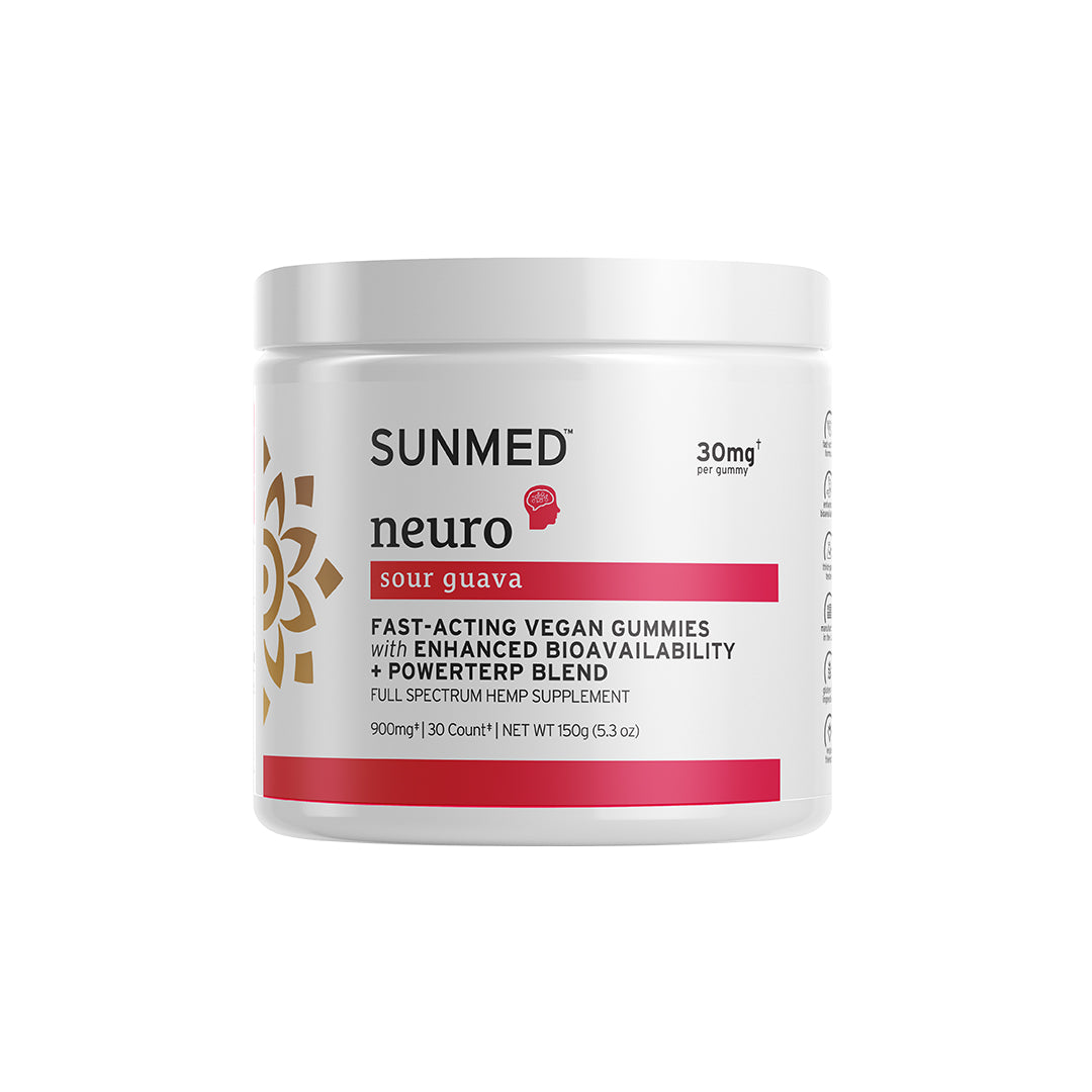 White jar labeled "Sunmed CBD Full Spectrum Neuro Water Soluble CBD Gummies," vegan, 30mg per gummy, 30 count.
