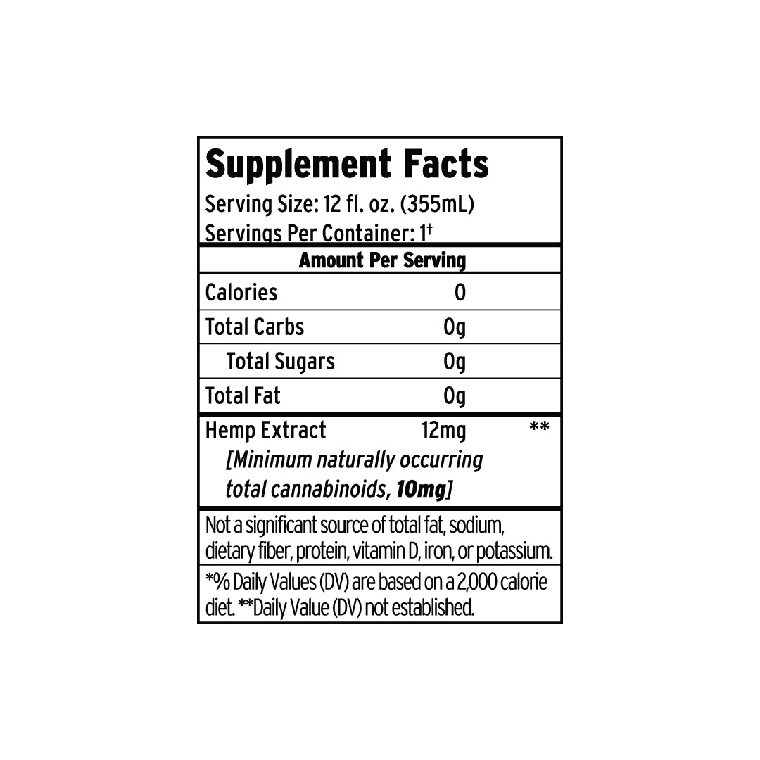 Supplement Facts label for Sunmed CBD Peach Tea Delta 9 THC Seltzer: 0 calories, 0g fat, and 12mg hemp extract per serving—ideal for fans of peach tea or Delta 9 THC seltzers.