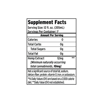 Supplement Facts label for Sunmed CBD Peach Tea Delta 9 THC Seltzer: 0 calories, 0g fat, and 12mg hemp extract per serving—ideal for fans of peach tea or Delta 9 THC seltzers.