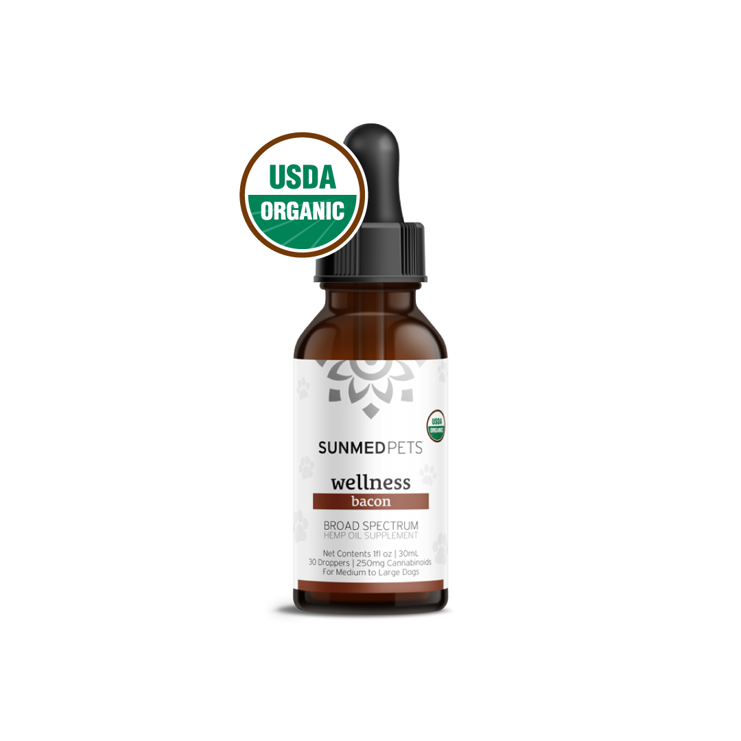 A bottle of Sunmed CBD Broad Spectrum Pet Tinctures, featuring a bacon flavor and labeled USDA organic, designed to enhance pet well-being through the benefits of organic CBD.