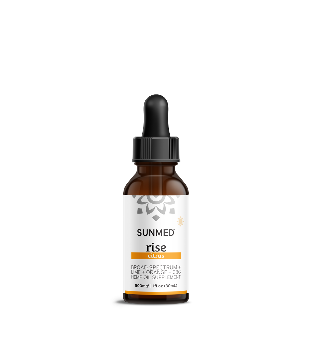 Sunmed CBD’s Broad Spectrum Rise CBG Citrus Tincture, 500mg (1 fl oz), is a hemp extract oil supplement in an amber dropper bottle, offering a refreshing citrus flavor.