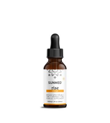 Sunmed CBD’s Broad Spectrum Rise CBG Citrus Tincture, 500mg (1 fl oz), is a hemp extract oil supplement in an amber dropper bottle, offering a refreshing citrus flavor.
