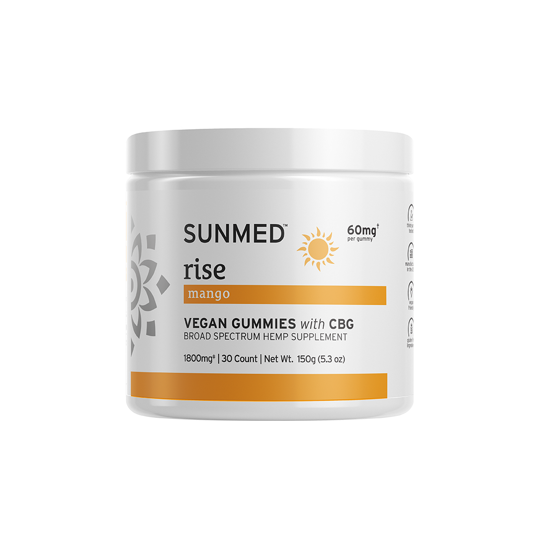 A white jar labeled "Sunmed CBD Broad Spectrum 30ct 60mg CBG Rise Gummies" sits on a plain light background.