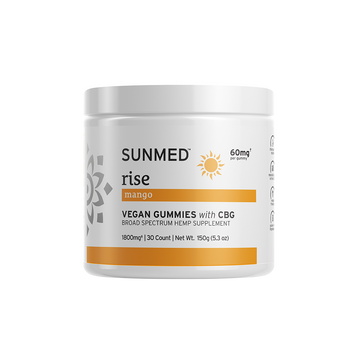 A white jar labeled "Sunmed CBD Broad Spectrum 30ct 60mg CBG Rise Gummies" sits on a plain light background.