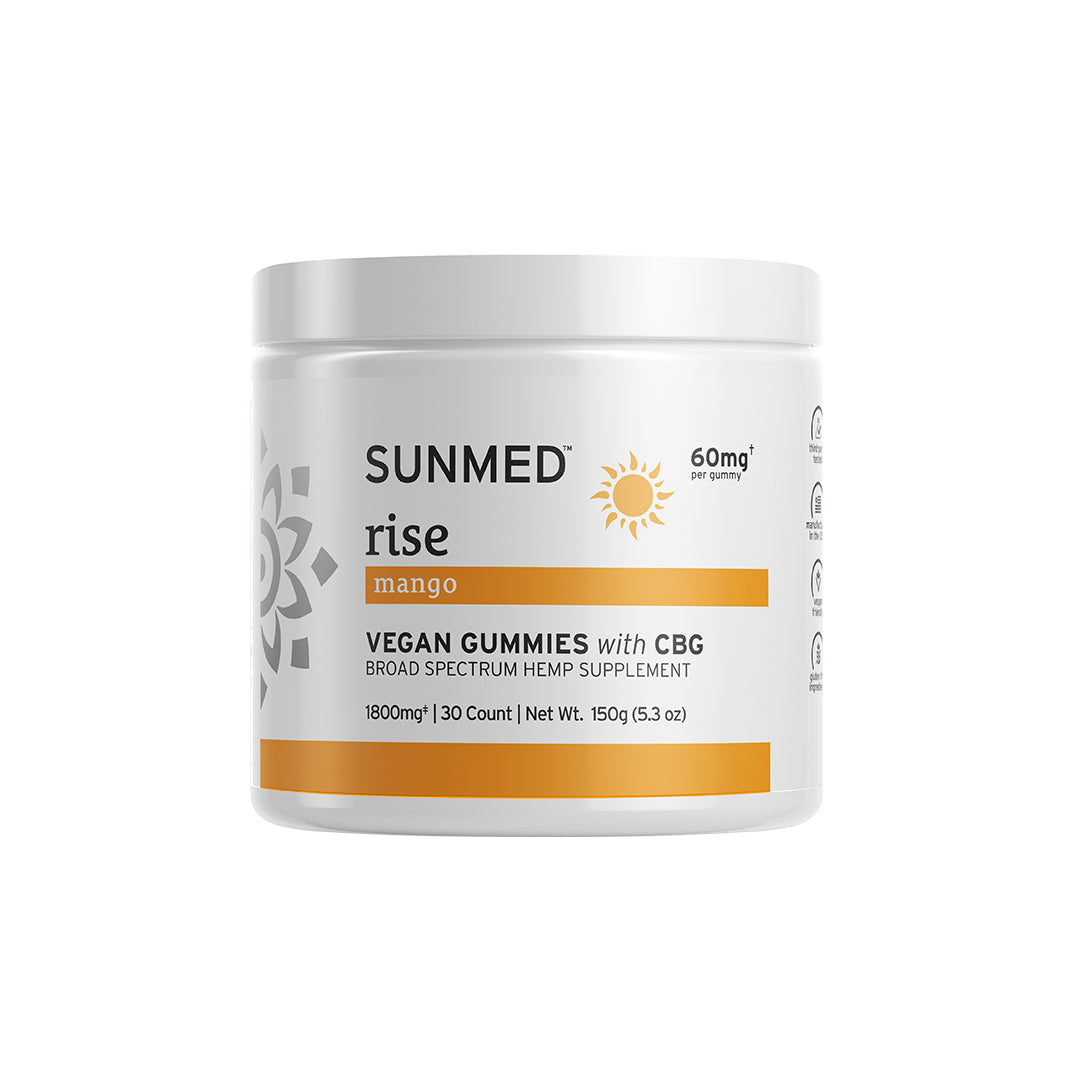 White jar labeled "Sunmed CBD Broad Spectrum Rise CBG Gummies," featuring mango flavor and broad spectrum hemp, designed to support focus and well-being.
