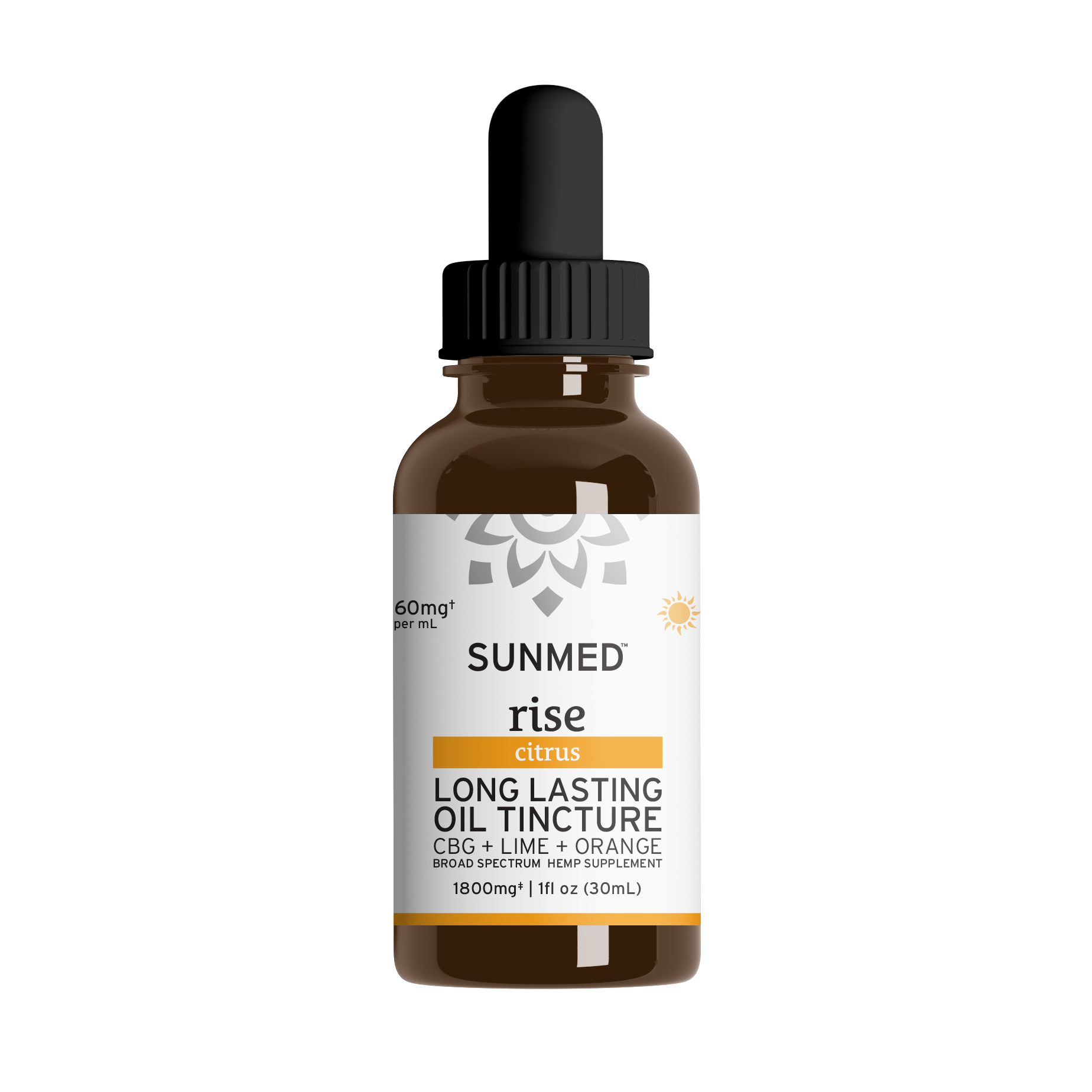 Brown bottle of Sunmed CBD Broad Spectrum Rise CBG Citrus Tincture with dropper and white label, crafted with broad spectrum hemp extract and citrus essential oils.