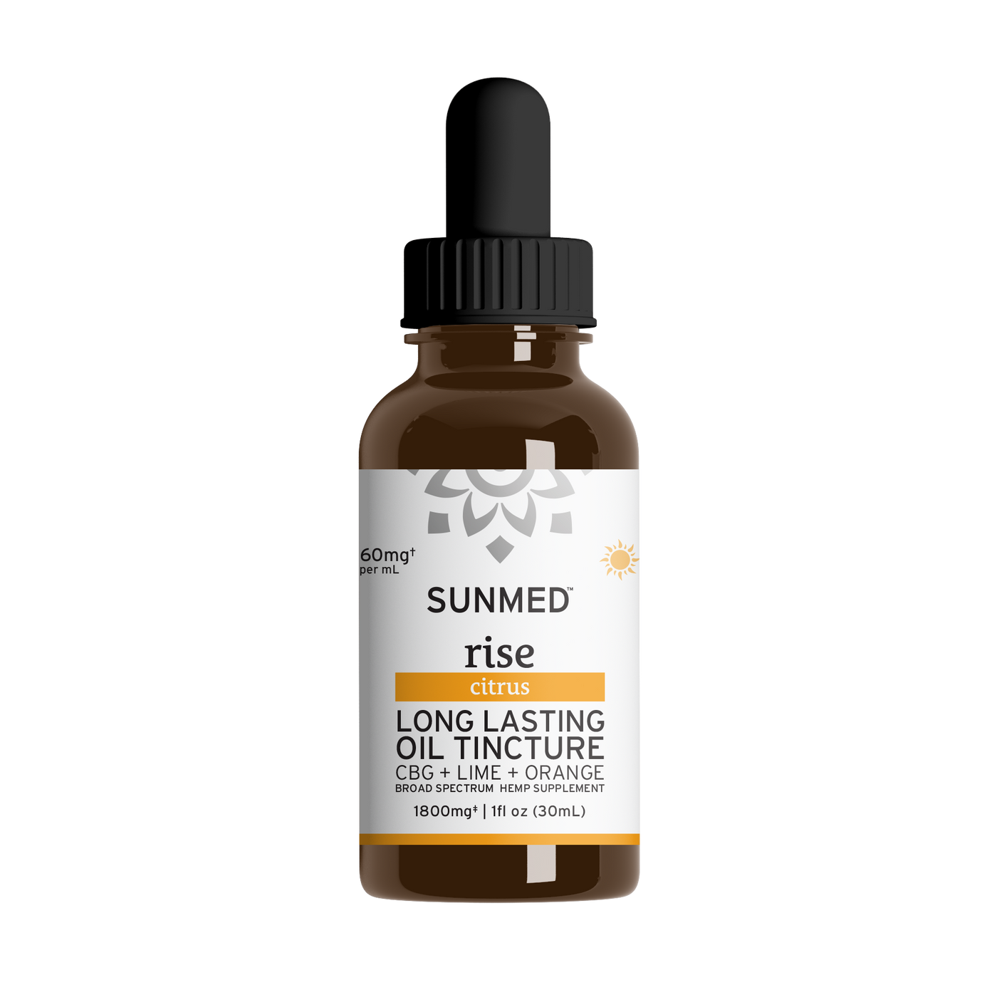Brown bottle of Sunmed CBD Broad Spectrum Rise CBG Citrus Tincture with dropper and white label, crafted with broad spectrum hemp extract and citrus essential oils.