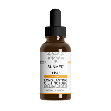 Brown bottle of Sunmed CBD Broad Spectrum Rise CBG Citrus Tincture with dropper and white label, crafted with broad spectrum hemp extract and citrus essential oils.