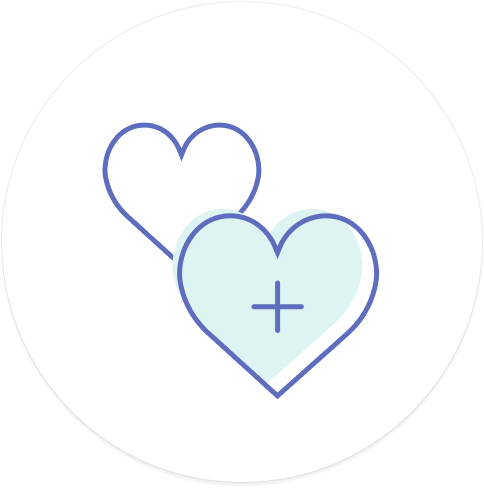 The Sunmed CBD Add On Donation product features a design where two heart outlines, one in white and the other in cyan with a plus sign inside, overlap on a white circular background.