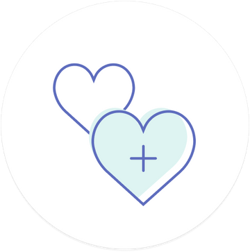 The Sunmed CBD Add On Donation product features a design where two heart outlines, one in white and the other in cyan with a plus sign inside, overlap on a white circular background.