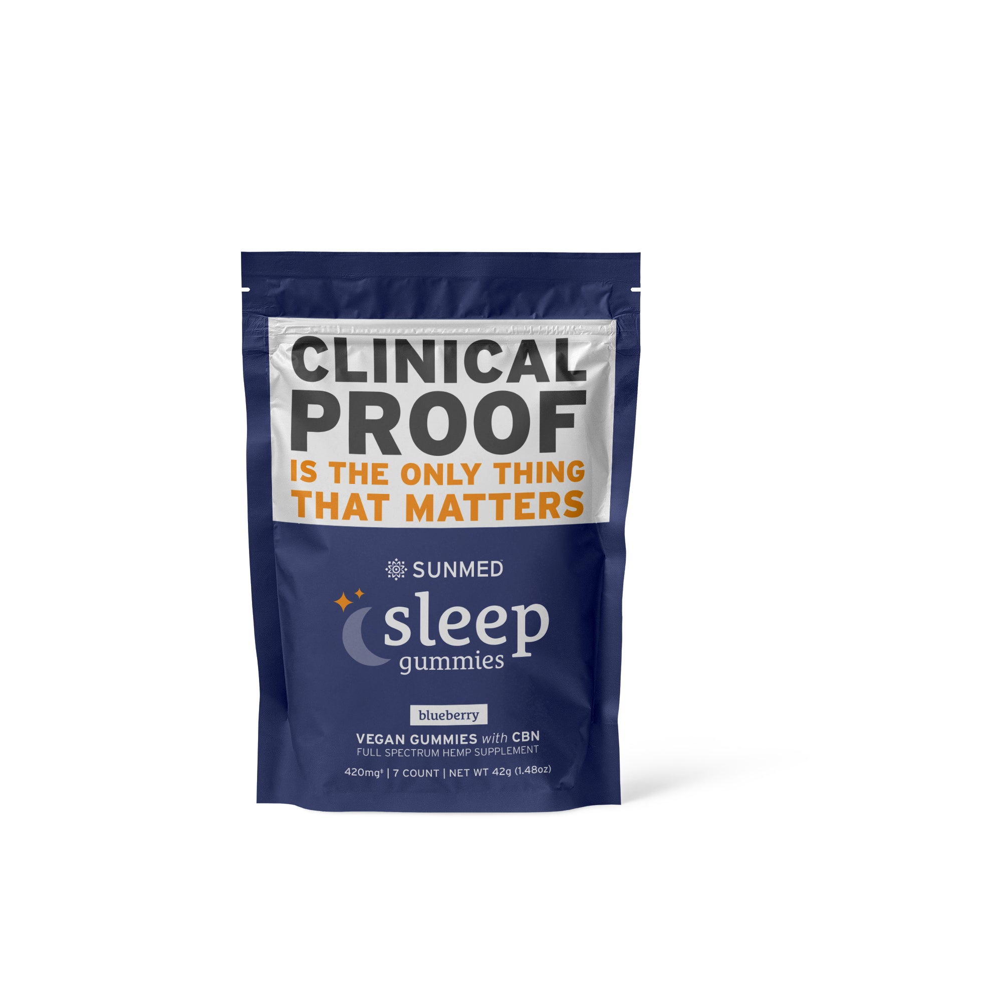 Blue bag of Sunmed CBD’s CBN Sleep 7-Day Sample Pack with bold text: "CLINICAL PROOF IS THE ONLY THING THAT MATTERS.