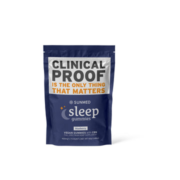 Blue bag of Sunmed CBD’s CBN Sleep 7-Day Sample Pack with bold text: "CLINICAL PROOF IS THE ONLY THING THAT MATTERS.