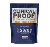 Blue bag of Sunmed CBD Full Spectrum Sleep CBN Gummies Starter Pack with bold text: "CLINICAL PROOF IS THE ONLY THING THAT MATTERS." These gummies are formulated with Full Spectrum CBD and CBN, offering benefits backed by trusted clinical trial results.