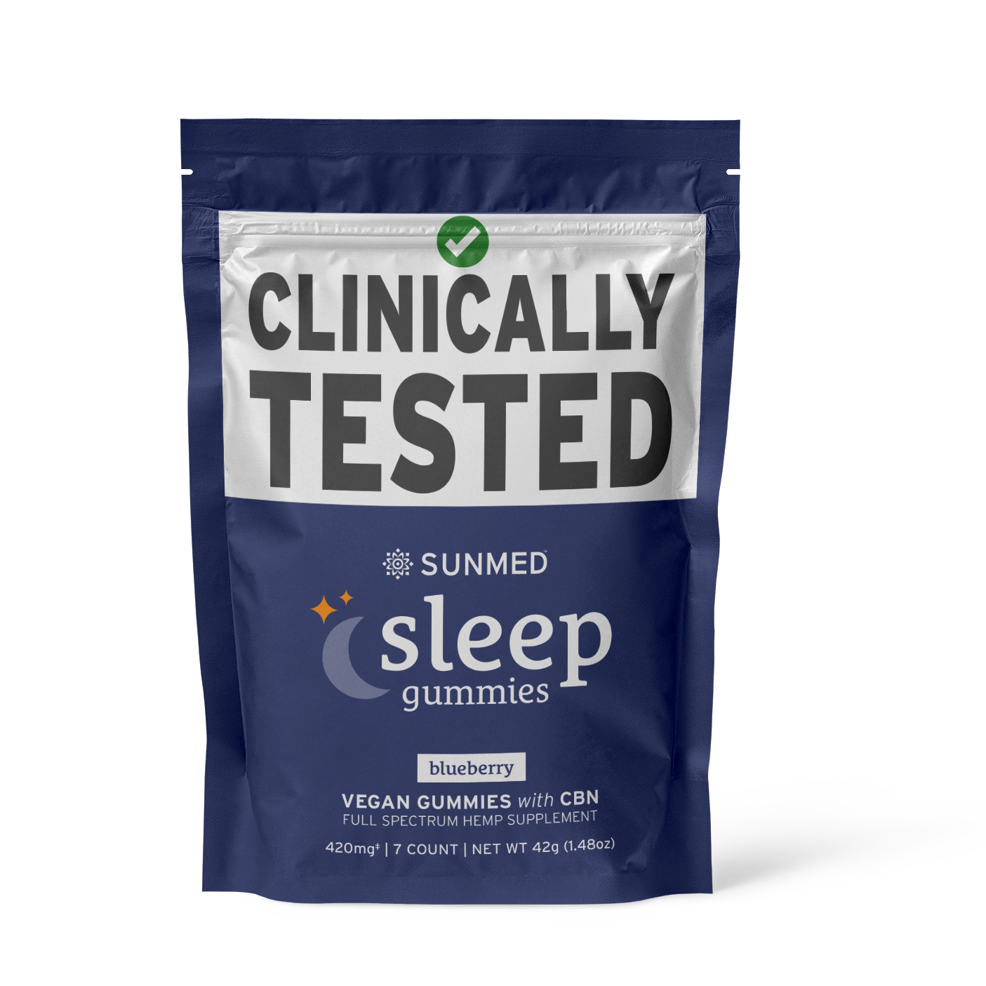 A blue bag labeled "CBN Sleep 7-Day Sample Pack" by Sunmed CBD, blueberry vegan gummies with CBN, clinically tested.