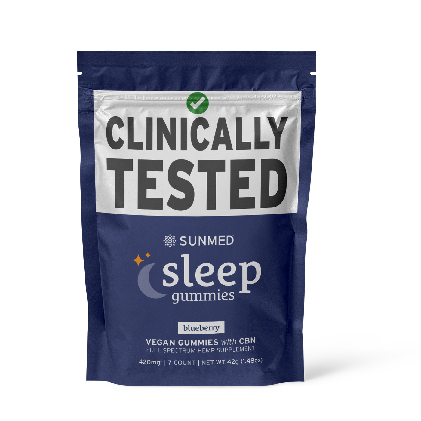 A blue bag labeled "CBN Sleep 7-Day Sample Pack" by Sunmed CBD, blueberry vegan gummies with CBN, clinically tested.
