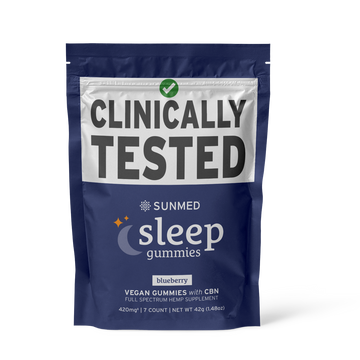 A blue bag labeled "CBN Sleep 7-Day Sample Pack" by Sunmed CBD, blueberry vegan gummies with CBN, clinically tested.