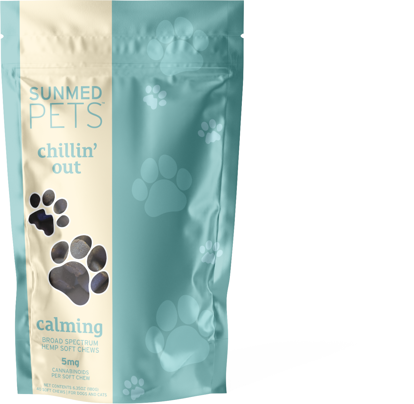 A teal and cream bag labeled "Sunmed CBD Broad Spectrum Chillin’ Out CBD Pet Chews," with paw prints, offers broad spectrum hemp extract for pets.