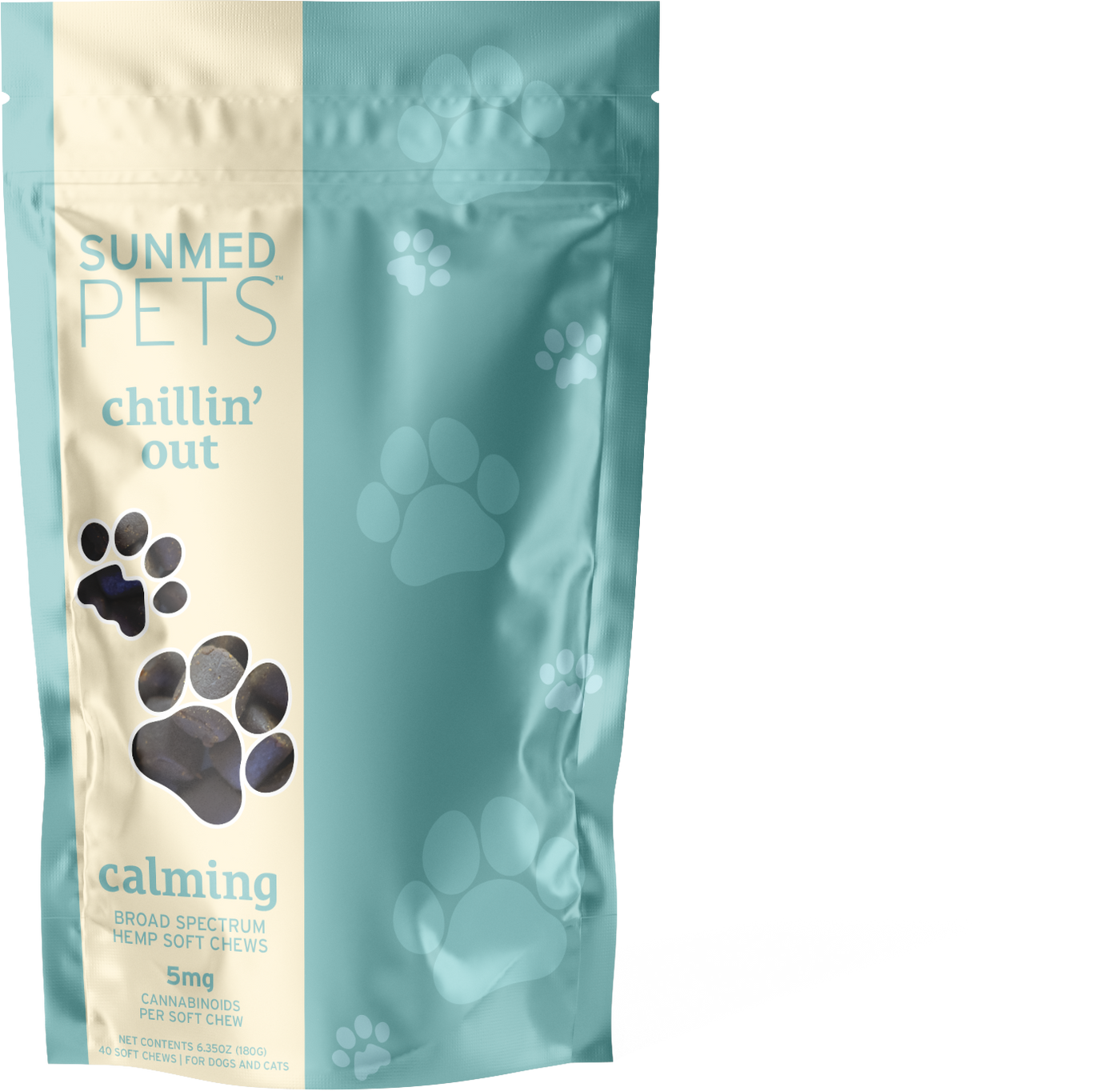 A teal and cream bag labeled "Sunmed CBD Broad Spectrum Chillin’ Out CBD Pet Chews," with paw prints, offers broad spectrum hemp extract for pets.