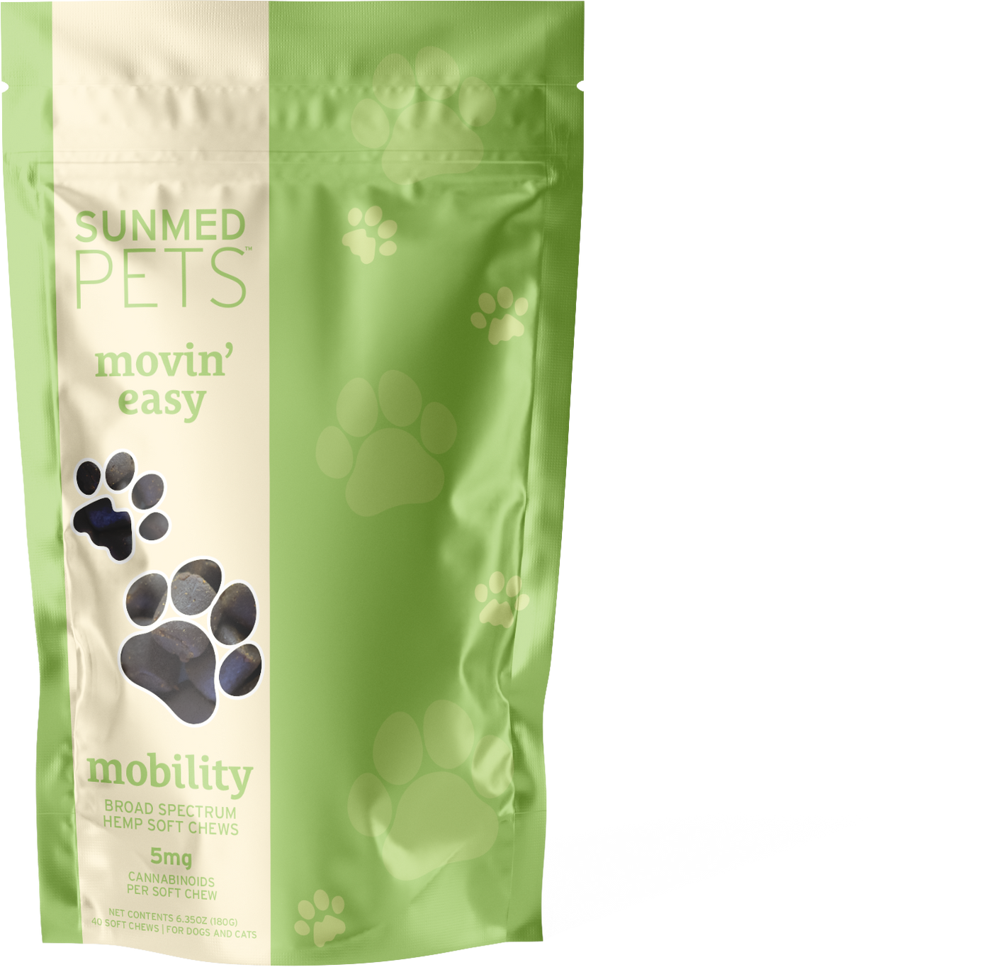 Green bag of Sunmed CBD’s Broad Spectrum Movin’ Easy Relief CBD Pet Chews, with paw prints, supports mobility and provides 5mg cannabinoids per chew, delivering natural relief for pets with broad spectrum hemp extract.