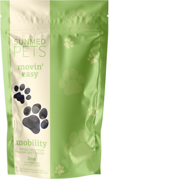 Green bag of Sunmed CBD’s Broad Spectrum Movin’ Easy Relief CBD Pet Chews, with paw prints, supports mobility and provides 5mg cannabinoids per chew, delivering natural relief for pets with broad spectrum hemp extract.