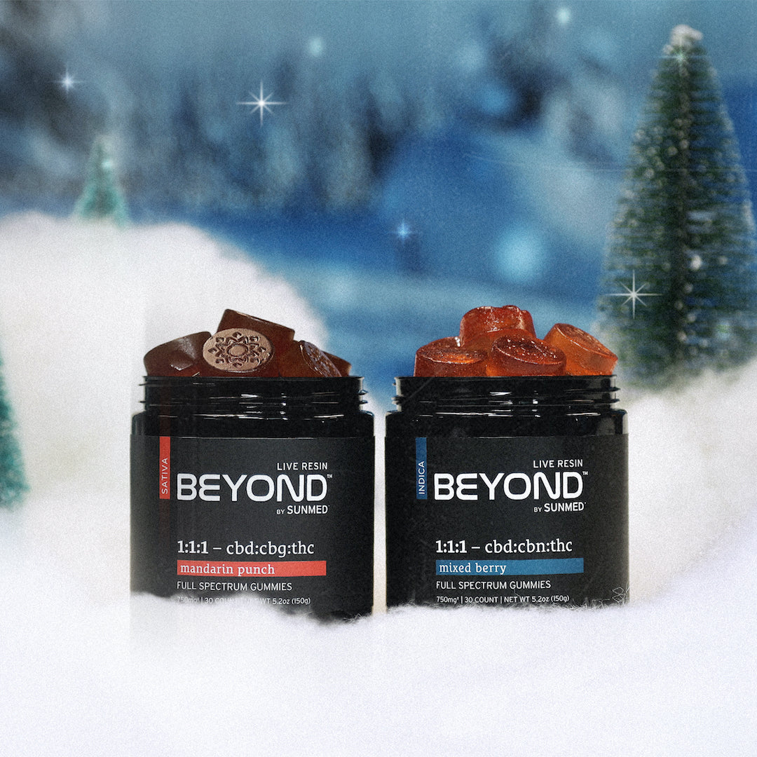 A holiday set of two BEYOND Sativa + Indica Gummies by Sunmed CBD sits in a snowy scene, surrounded by pine trees.