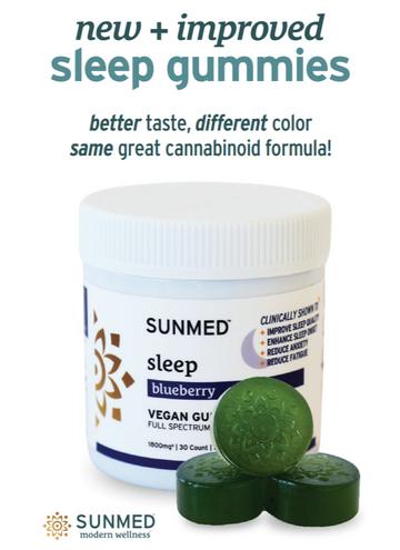 A container of Sunmed CBD’s Sleep Gummies Insert with three gummies in front, showcasing their improved taste and color.