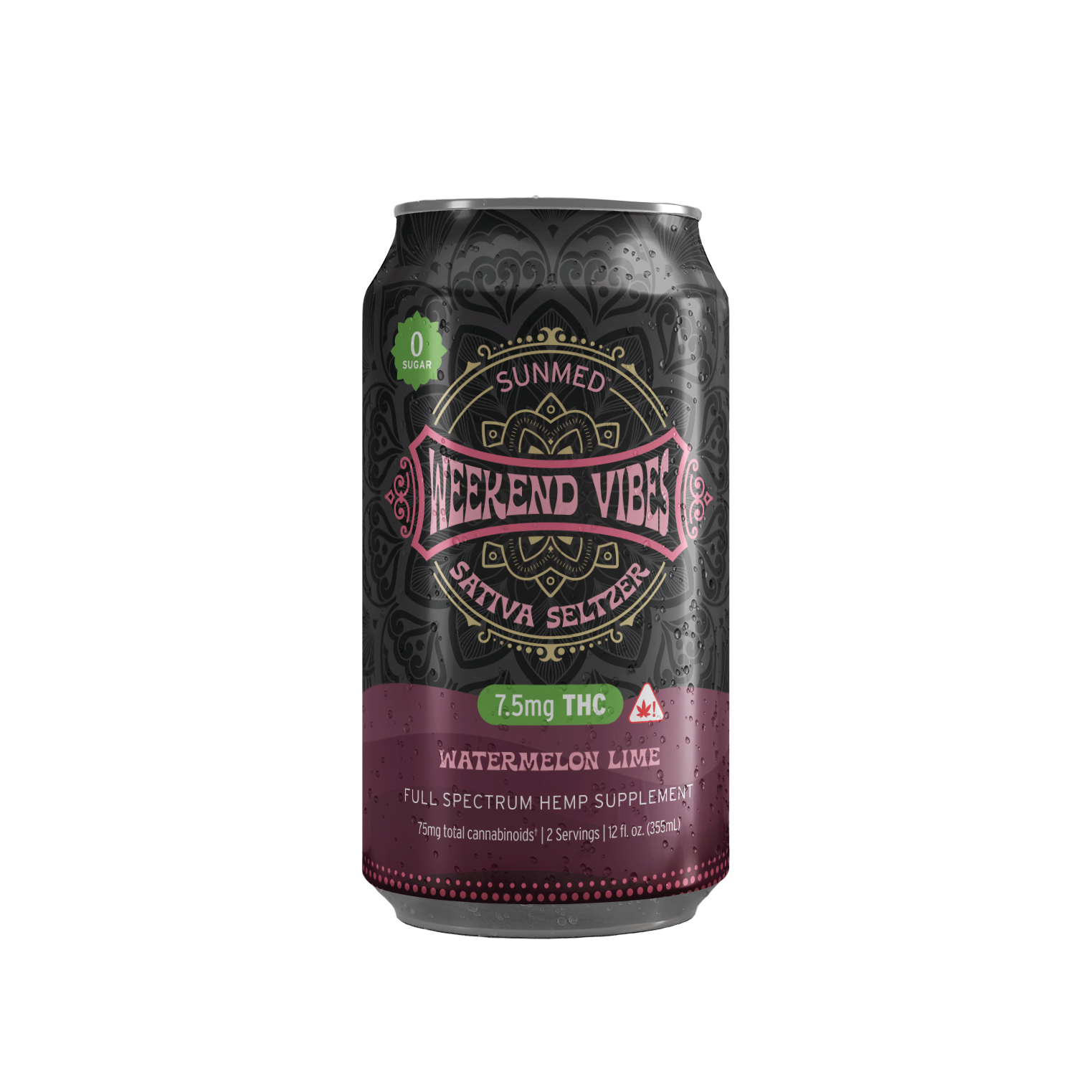 A can of Sunmed CBD Beyond Weekend Vibes Sativa THC Seltzer, Watermelon Lime flavor, with 7.5mg delta-9 THC—a refreshing alcohol alternative.