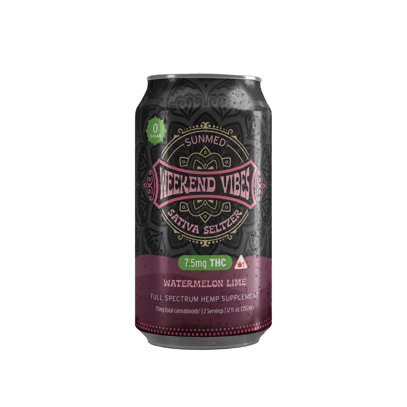A can of Sunmed CBD Beyond Weekend Vibes Sativa THC Seltzer, Watermelon Lime flavor, with 7.5mg delta-9 THC—a refreshing alcohol alternative.