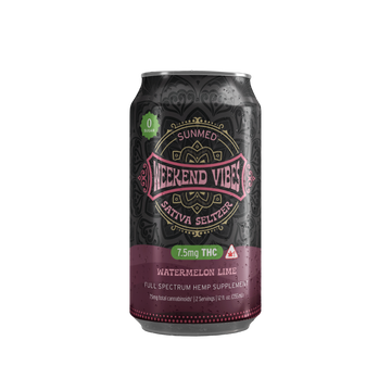 A can of Sunmed CBD Beyond Weekend Vibes Sativa THC Seltzer, Watermelon Lime flavor, with 7.5mg delta-9 THC—a refreshing alcohol alternative.