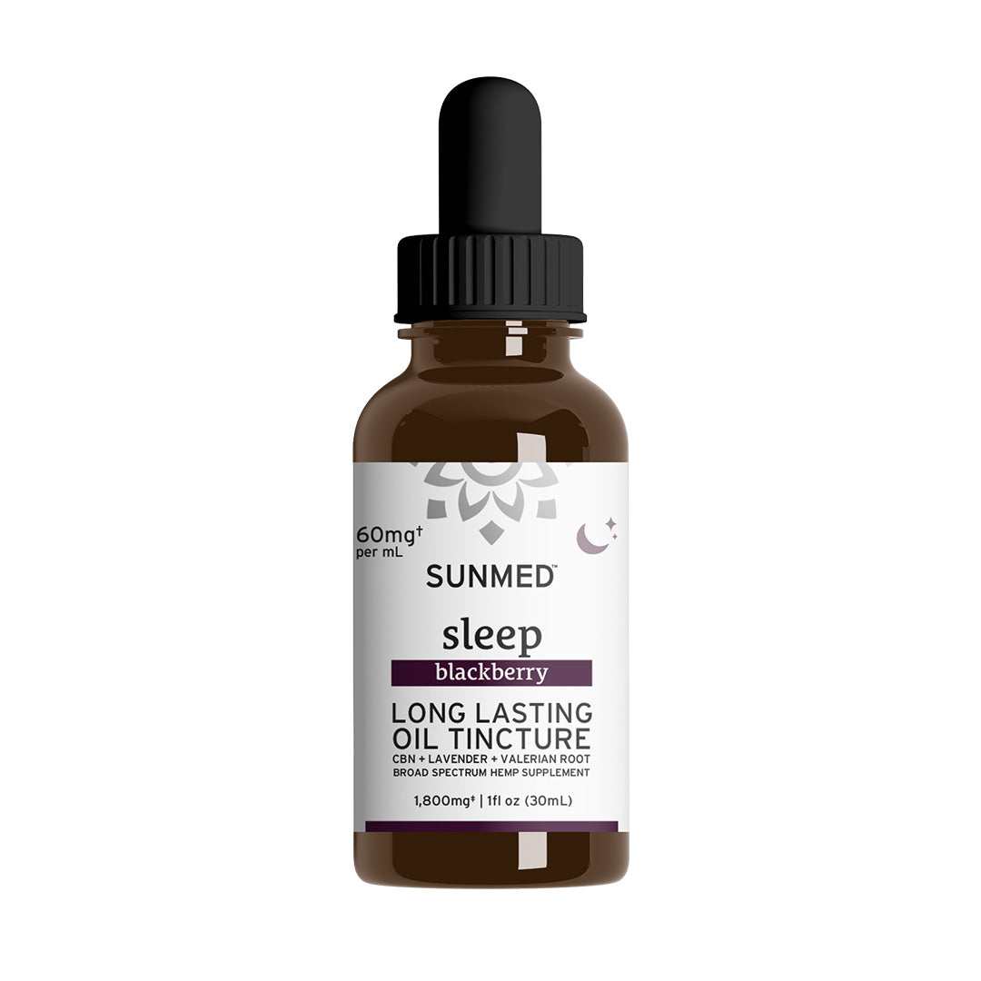 Brown bottle labeled "Sunmed CBD Broad Spectrum Sleep CBN Tincture" with a dropper cap, designed as a sleep supplement featuring broad spectrum CBD and CBN.