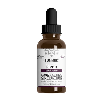 Brown bottle labeled "Sunmed CBD Broad Spectrum Sleep CBN Tincture" with a dropper cap, designed as a sleep supplement featuring broad spectrum CBD and CBN.