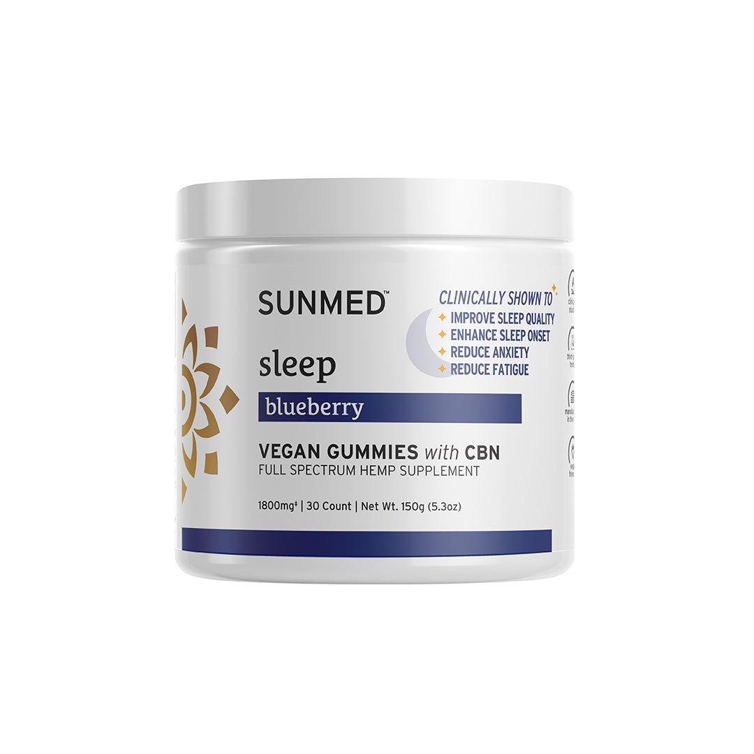 A container of Sunmed CBD Full Spectrum Sleep CBN Gummies, a blueberry vegan hemp sleep supplement.