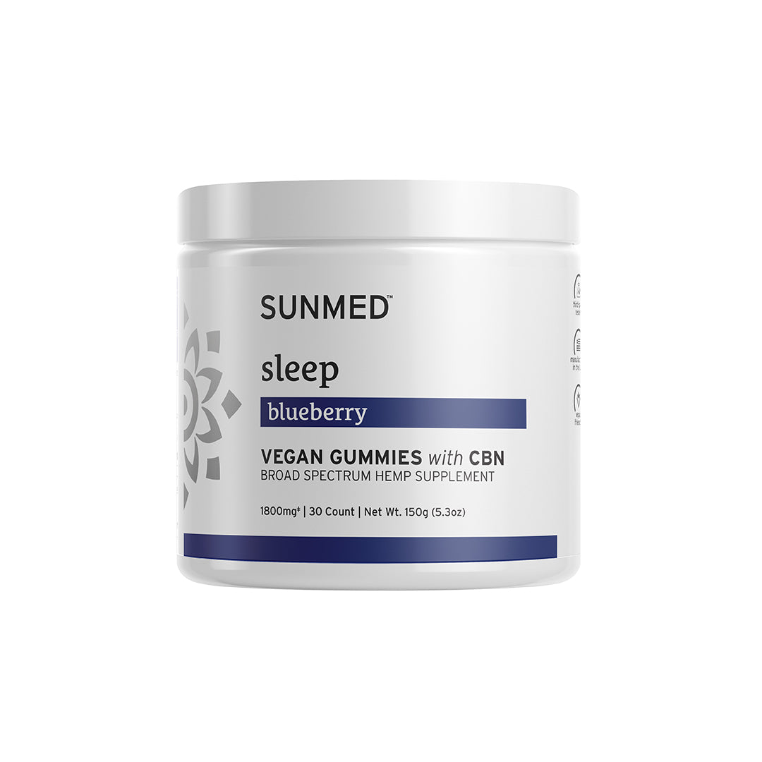 White jar labeled "Sunmed CBD Full Spectrum Sleep CBN Gummies, 30 count, 1800mg." A premium sleep supplement among top hemp products.