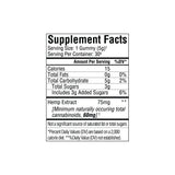 Supplement Facts label displaying nutritional information and hemp extract content per single gummy serving of Sunmed CBD Full Spectrum Sleep CBN Gummies, a plant-based, vegan sleep supplement.