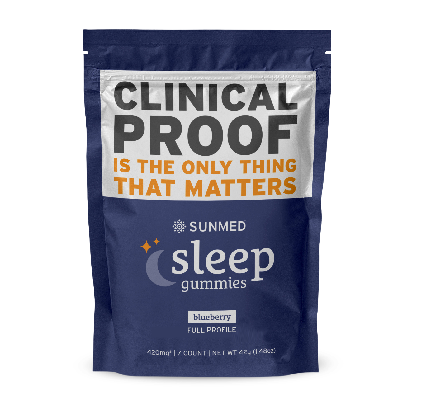 A blue bag of Sunmed CBD Full Spectrum Sleep CBN Gummies Starter Pack with bold “clinically proven” text on the package, featuring full spectrum CBD and CBN gummies designed as a clinically trialed sleep aid.