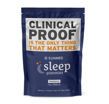 A blue bag of Sunmed CBD Full Spectrum Sleep CBN Gummies Starter Pack with bold “clinically proven” text on the package, featuring full spectrum CBD and CBN gummies designed as a clinically trialed sleep aid.