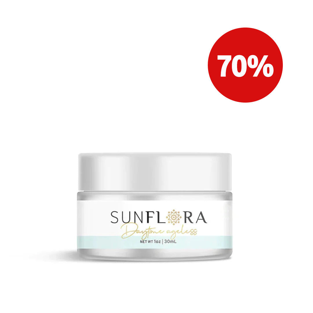 A jar of Sunmed CBD's Broad Spectrum Ageless Moisturizer, featuring a "70% off" red label, is infused with broad spectrum protection and collagen-boosting peptides for an anti-aging effect.