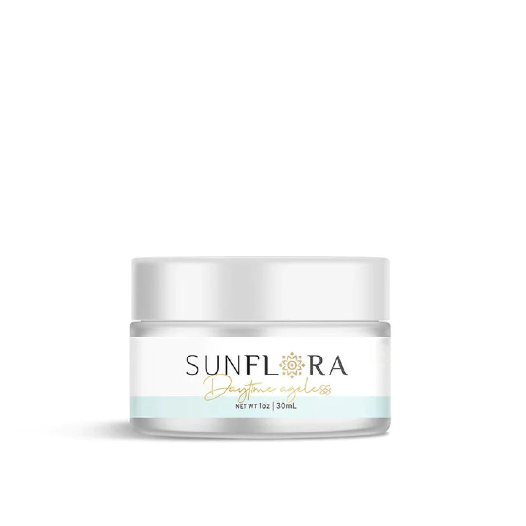 A white 1 oz (30 mL) jar labeled "Sunmed CBD Broad Spectrum Ageless Moisturizer" with a clear base and white lid features collagen-boosting peptides for youthful-looking skin.