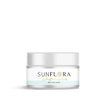 Small clear jar of Sunmed CBD Broad Spectrum Ageless Moisturizer with a white lid and minimalistic label design, enriched with collagen-boosting peptides for its anti-aging benefits.