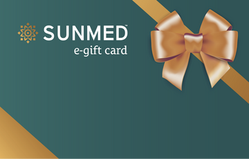 Sunmed Electronic Gift Card by Sunmed CBD with a gold ribbon and bow on a green background.