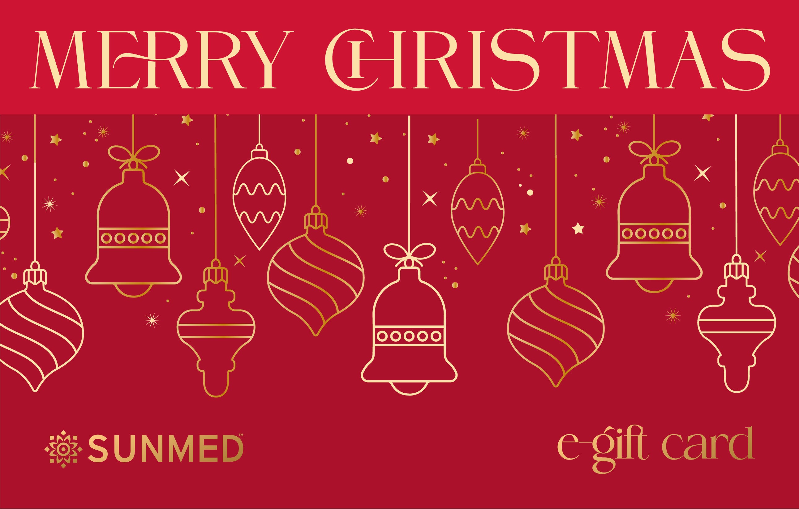 Festive red "Merry Christmas" card with gold ornaments, stars, and Sunmed CBD and E-Gift Card logos at the bottom. Product: Sunmed E-Gift Card.