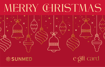 Festive red "Merry Christmas" card with gold ornaments, stars, and Sunmed CBD and E-Gift Card logos at the bottom. Product: Sunmed E-Gift Card.