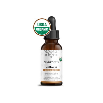 A bottle of Sunmed CBD Broad Spectrum CBD Pet Tinctures in wellness peanut butter flavor, equipped with a dropper and featuring a USDA Organic label, designed for optimal pet well-being.