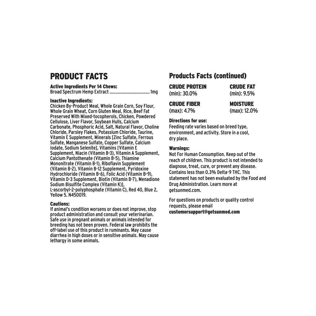 Black text on a white label displays product facts and nutritional details for Sunmed CBD Broad Spectrum CBD Cat Treats.
