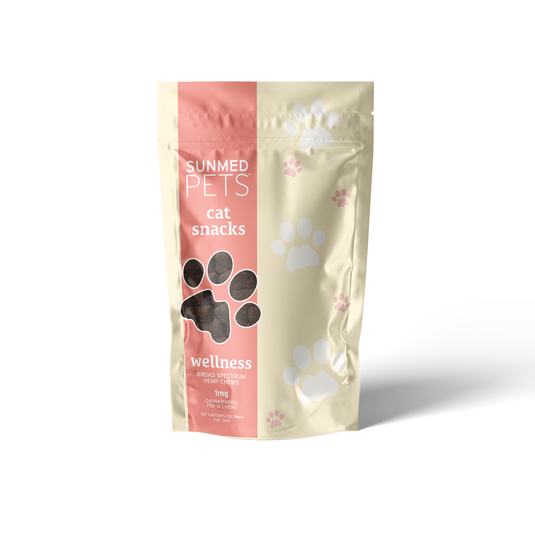 A beige and pink pouch labeled "Sunmed CBD Broad Spectrum CBD Cat Treats" with paw prints, these tuna treats are made with organic hemp to support your cat's wellness.